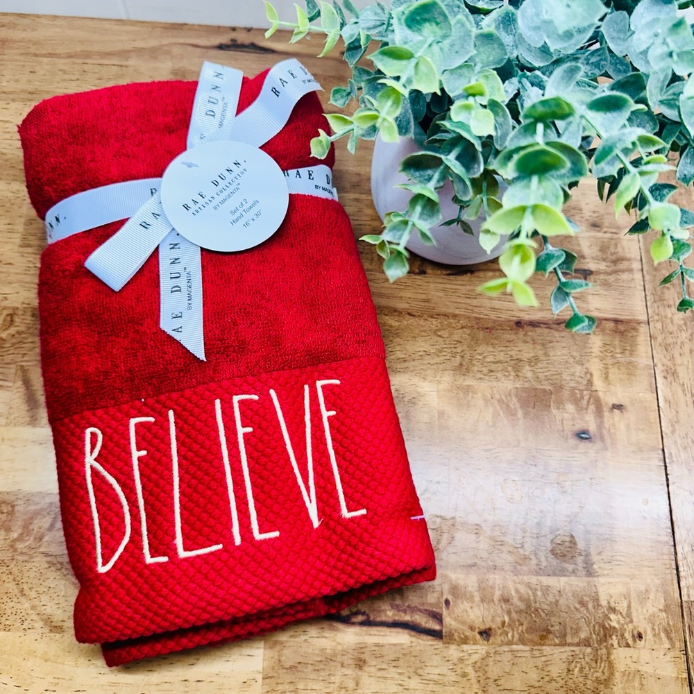 Rae Dunn Red 'BELIEVE' Embroidered Hand Towel